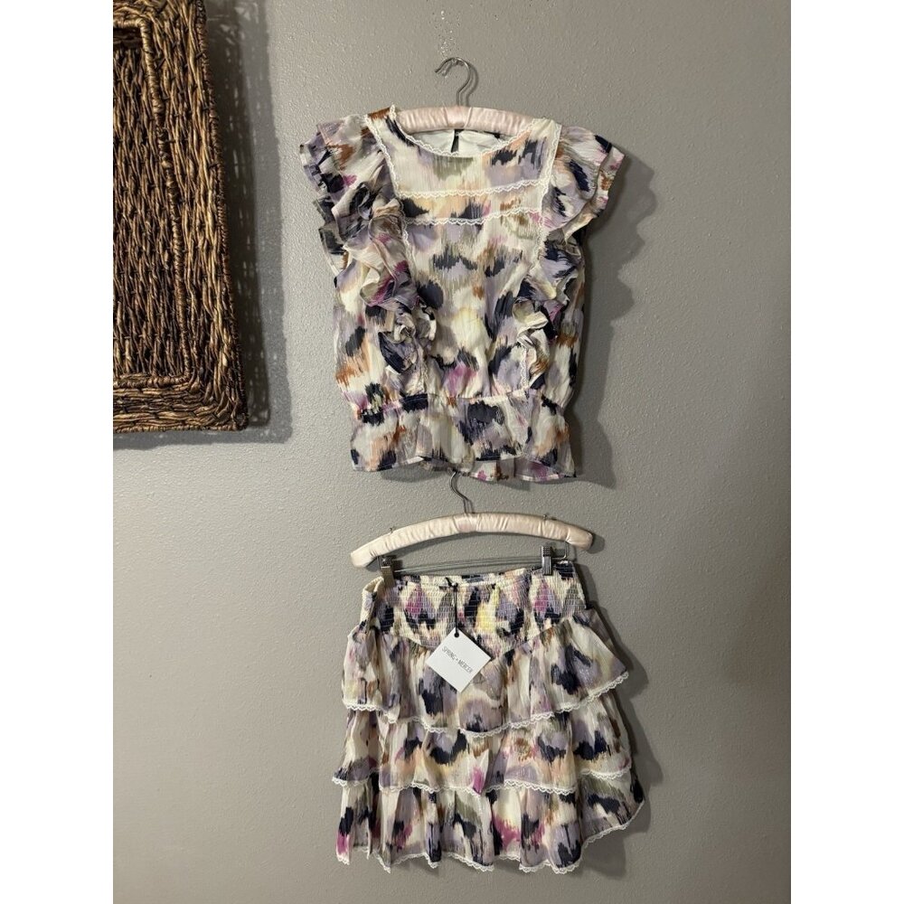 Spring & Mercer Colorful Smocked Tiered Ruffle Large Skirt Medium Top Set NEW - Picture 3 of 14